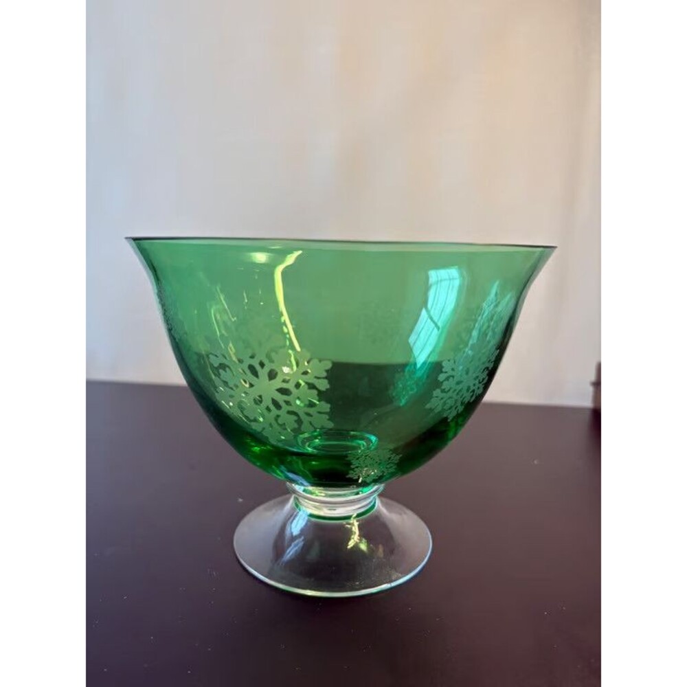 Green Glass Footed Bowl Etched Floral Vintage Compote